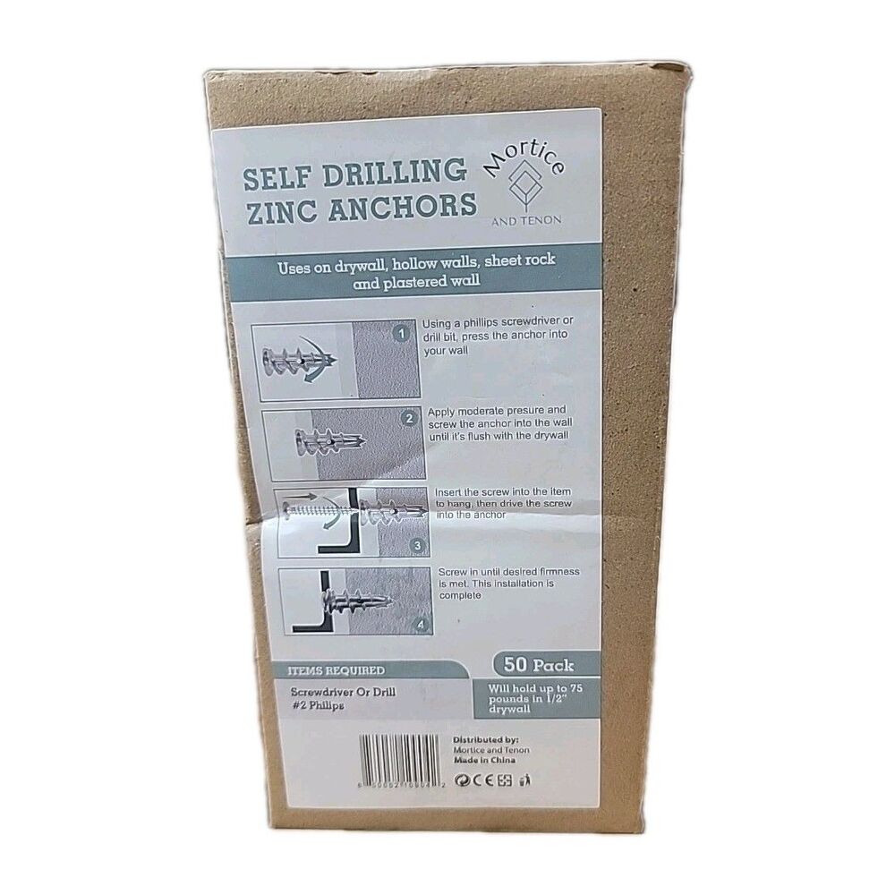 Mortice & Tenon Zinc Anchors – 50 Pack Self Drilling Drywall Anchors with Screws